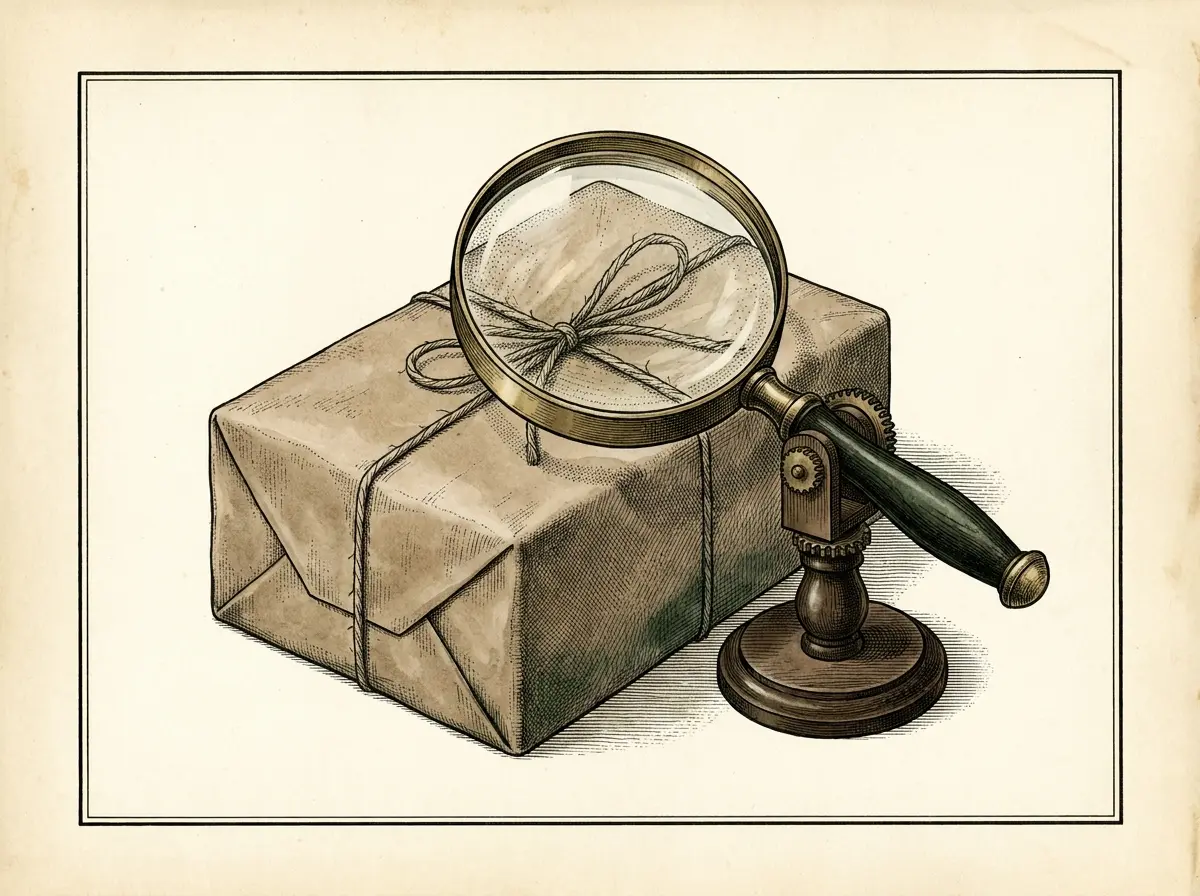 Ilustração científica antiga de um pacote pardo sem rótulo examinado sob uma lupa de bancada, simbolizando a inspeção de um produto de origem desconhecida