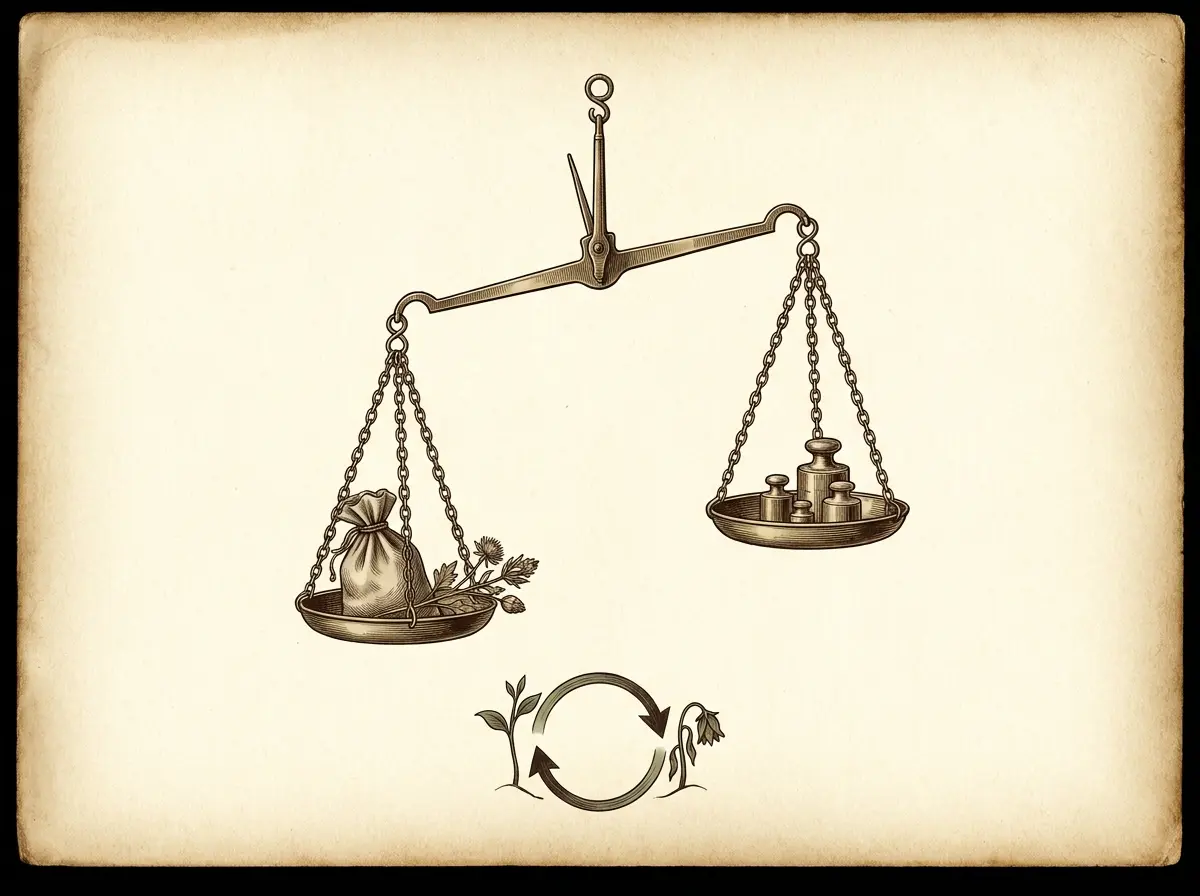 Ilustração científica antiga de uma balança de dois pratos em desequilíbrio, simbolizando o ciclo de perda e reganho de peso