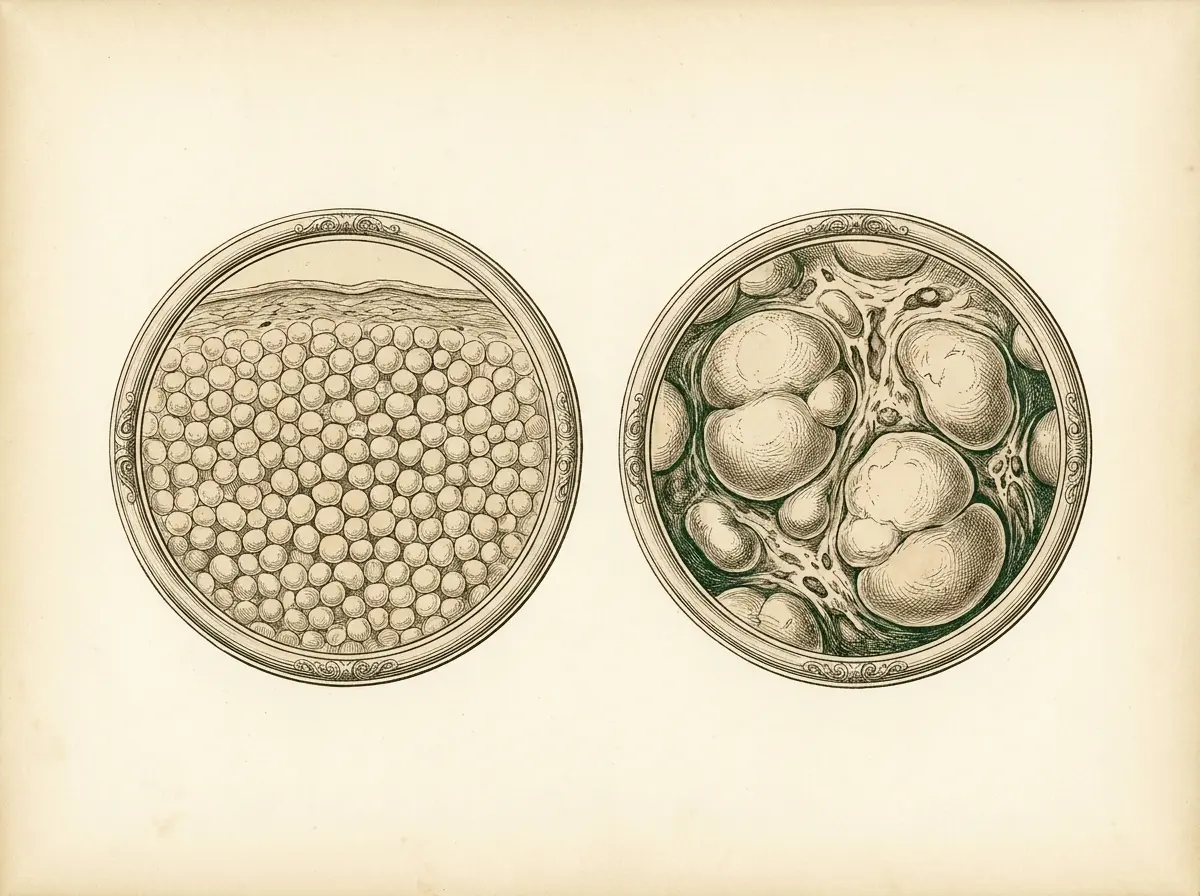 Ilustração de atlas médico antigo com dois medalhões circulares comparando o tecido subcutâneo: lóbulos de gordura pequenos e uniformes à esquerda e lóbulos aumentados e nodulares à direita
