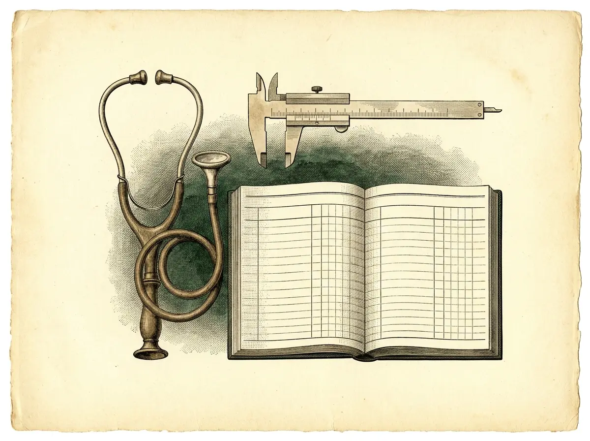 Ilustração de atlas médico antigo com estetoscópio, paquímetro e caderno de observação aberto, simbolizando o acompanhamento clínico do tratamento