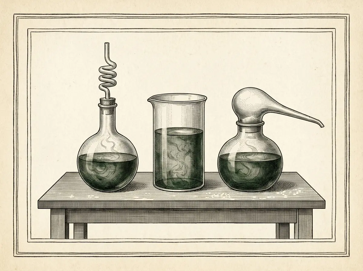 Ilustração científica antiga de três vidrarias de laboratório de formatos diferentes com o mesmo líquido, simbolizando as diferentes vias da reposição hormonal